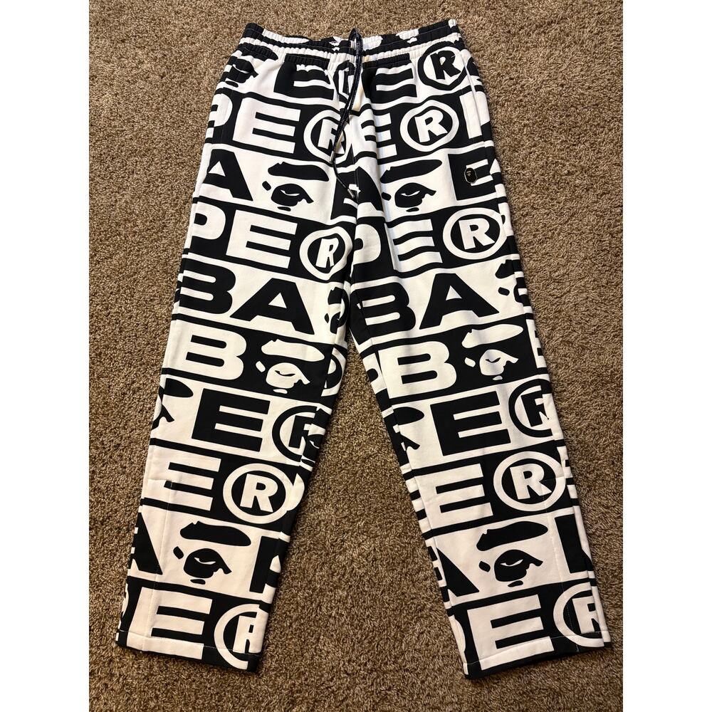 NWT Bape Lux Sport Pattern 'Ivory" Sweatpants Pants Mens Size Large Black White